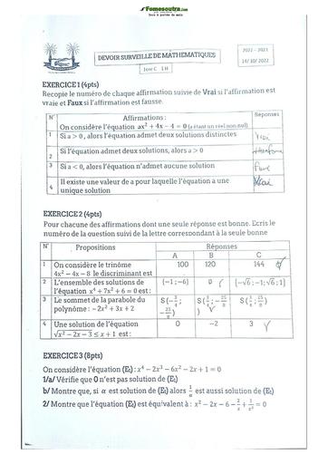 Sujets de mathématiques Première C Lycée Classique Abidjan  2023