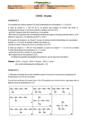 Sujet de Physique Chimie BAD D (1er tour) 2014 - Burkina Faso