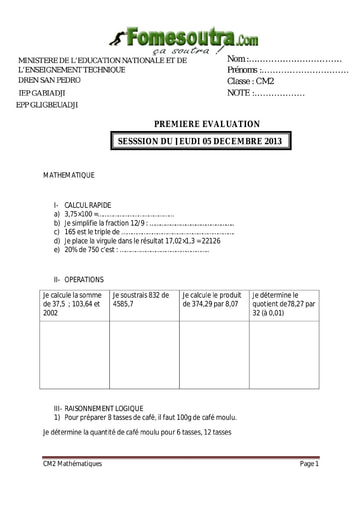 Sujet d’évaluation Mathématiques niveau CM2