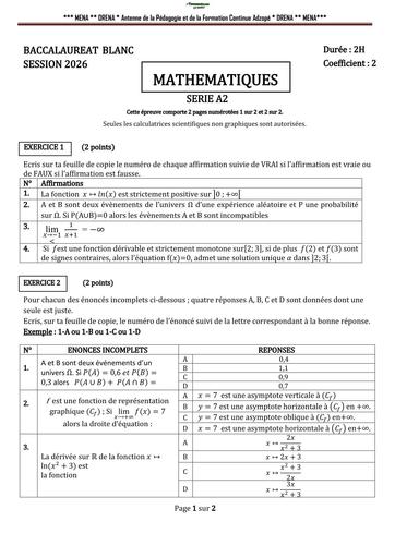 BAC BLANC 2026 DRENA ADZOPE SUJET MATHS SERIE A2 (SUJET) by TEHUA