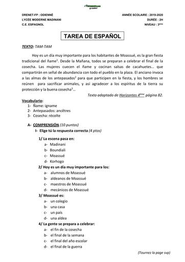 DEVOIR D'ESPAGNOL NIVEAU 3ème TAM TAM LYCEE MODERNE MADINANI 2020 BY TEHUA