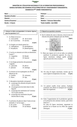 Modèle d'examen 2026 Sciences Naturelles 9e AF by TEHUA