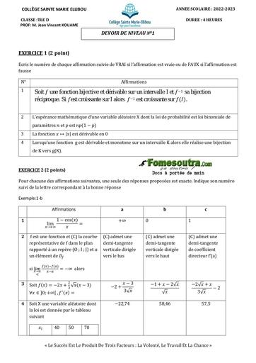 DEVOIR DE MATHS Tle D COLLÈGE SAINTE MARIE ELLIBOU