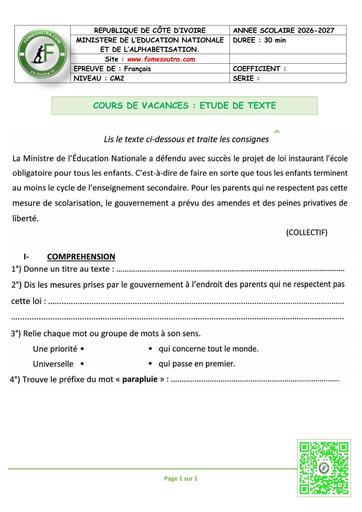 FICHE 1 Français CM2 ETUDE DE TEXTE by TEHUA