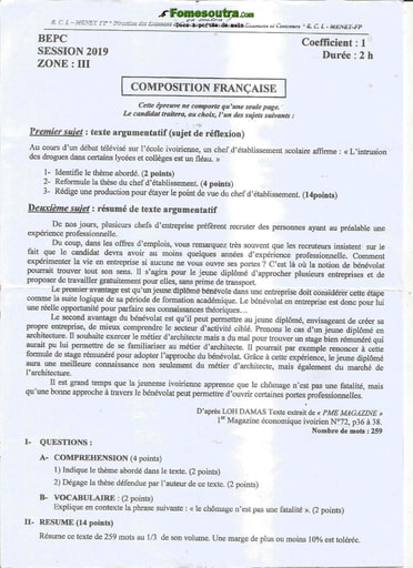 Sujet de Composition Française BEPC 2019 Zone 3
