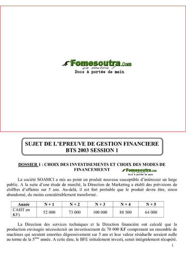 Sujet corrigé de Gestion Financière BTS Finances Comptabilité et Gestion d’Entreprises 2003