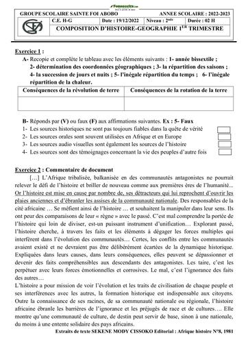 Devoir Histoire-Géographie 2nde A Collège Sainte Foi 2023