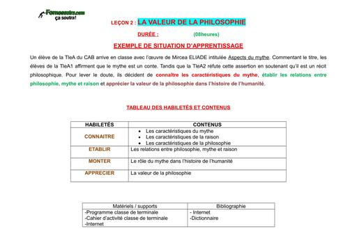 FICHE DE COURS PHILO Tle A Comp III  Leçon2 LA VALEUR DE LA PHILOSOPHIE by TEHUA