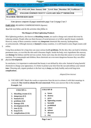 DEVOIR D'ANGLAIS NIVEAU 3ème UNIT 4 JANUARY 2026 by TEHUA