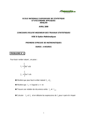 Sujet 1ère épreuve de maths ITS B option Maths 2000 (ENSEA)