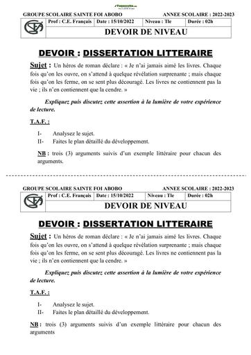 Sujets de Français Groupe Scolaire Sainte Foi Terminale D2022-2023