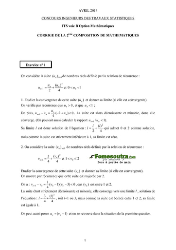Corrigé 2ème épreuve de maths ITS B option Maths 2014 (ENSEA)