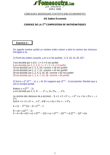 Corrigé 1ère épreuve de maths ISE option économie 2006 (ENSEA - ISSEA)