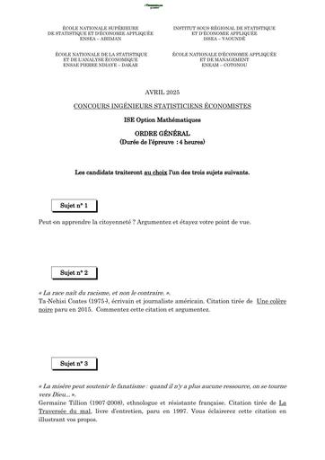 CONCOURS D'INGENIEUR EN STATISTIQUE ISE Maths 2025 BY TEHUA