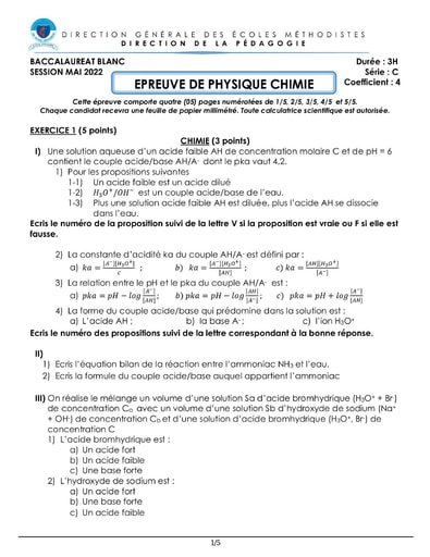 SUJET    BAC  C   PC     É C O L E S M É T H O D I S T E S  2022