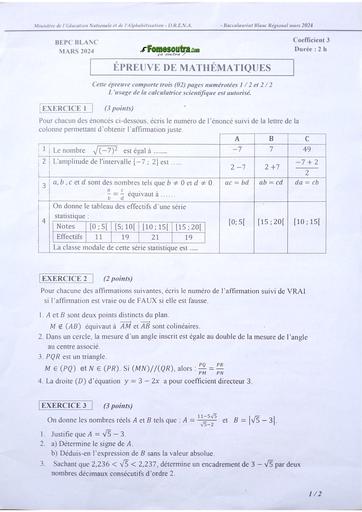 Bepc Blanc 2024 Maths Dren Abidjan 4 sujet+barème by tehua