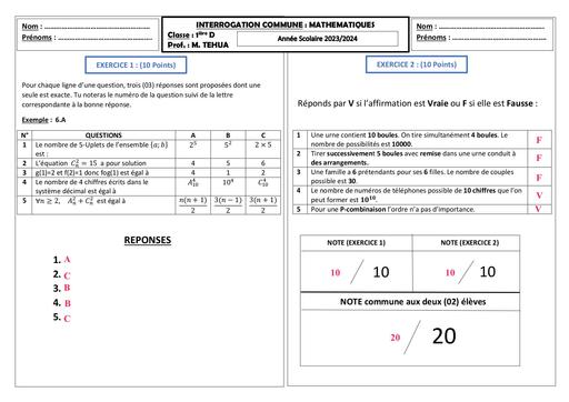 Barème Interrogation commune MATHS1ière D 19 février 2024 By Tehua