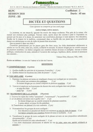 Sujet de dictée et questions BEPC 2010 Zone 3