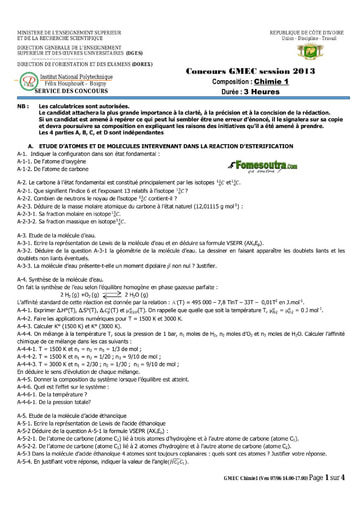 Sujet de Chimie 1 concours GMEC 2013