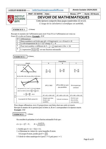 DEVOIR DE MATHS NIVEAU 3IEME DE L'INSTITUT GIOVANNI BIFFI (NOVEMBRE 2024) BY TEHUA