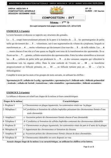 PARTIEL SVT 1ière D DECEMBRE 2025 by TEHUA