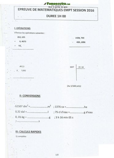 Sujet et corrigé de Mathématiques concours d’entrée à l'EMPT Bingerville 2016