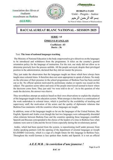 BAC BLANC SERIE A  Sujet ANGLAIS 2025 BY TEHUA