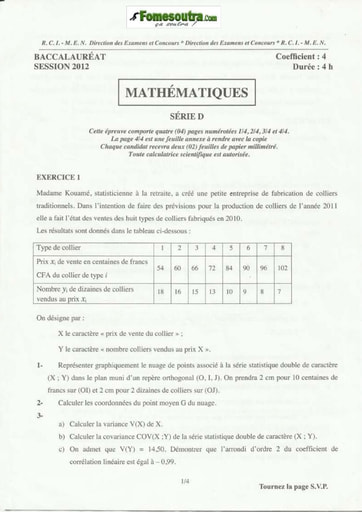 Sujet de Maths BAC D 2012