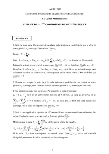 Corrigé 2ème épreuve de maths ISE option maths 2013 (ENSEA - ISSEA - ENSAE)