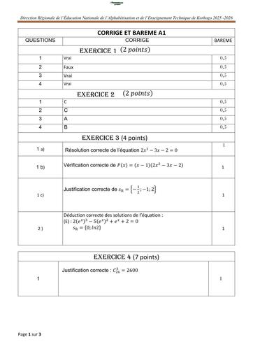 BAC BLANC 2026 DRENA KORHOGO SUJET MATHS SERIE A1 (BAREME) by TEHUA