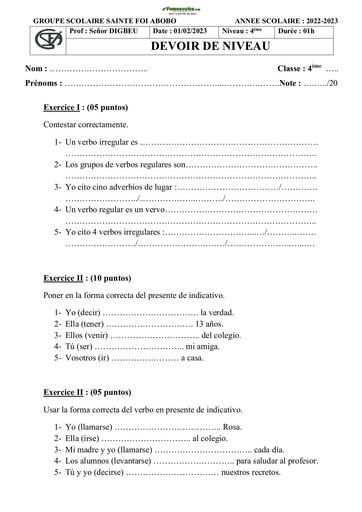 Devoir d'Espagnol Niveau 4 ième Collège Sainte Foi 2022-2023