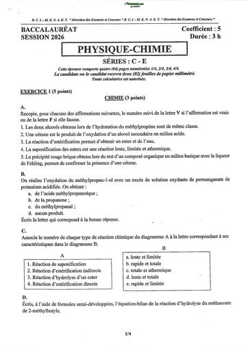 BAC 2026 PC série C&E sujet+barème RCI By TEHUA