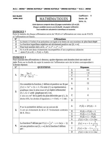 MATHS BAC BLANC SERIE A1 2022 DRENA KATIOLA