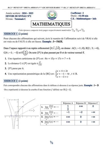 DEVOIR DE NIVEAU N°2 DU TRIMESTRE 1 Maths ( TLE C) Hinneh by Tehua