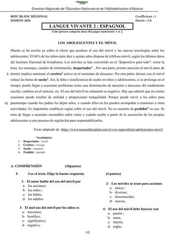 BEPC BLANC 2026 DRENA ABOISSO SUJET LV2 ESPAGNOL (SUJET) by TEHUA