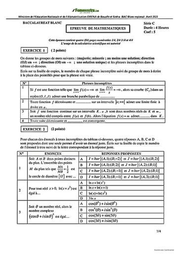 SUJET ET CORRIGE BAC BLANC 2023 MATHEMATIQUES SERIE C REGIONAL DE BOUAFLÉ ET SINFRA COTE D'IVOIRE
