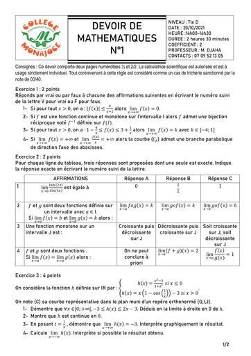 DEVOIR MATHS Tle D-C LIMITE-CONTINUITE By DJAHA