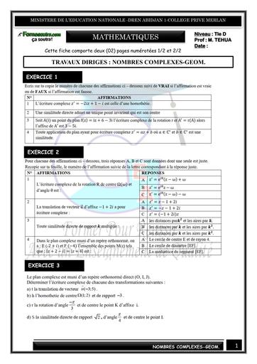 TRAVAUX DIRIGES MATHS Tle D NOMBRES COMPLEXE GEO BY TEHUA