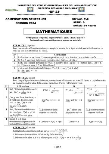 Composition generale Decembre 2024 UP 23 SUJET MATHS Tle D by Tehua