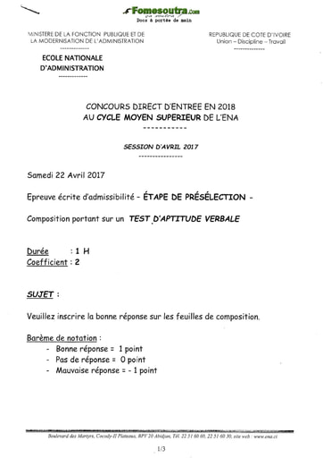 Sujet Test d'aptitude verbale - Etape de présélection concours ENA cycle moyen supérieur  (Avril 2017)