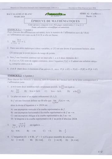 Bac blanc 2024 Maths serie A2 dren Abidjan 4 by Tehua