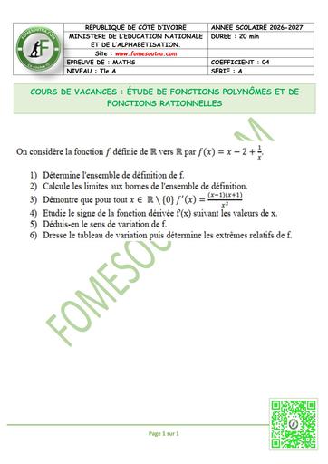 FICHE 3 MATHS Tle A ÉTUDE DE FONCTIONS POLYNÔMES ET DE FONCTIONS RATIONNELLES BY TEHUA