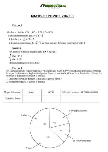 Sujet de mathématique BEPC 2011 Zone 3