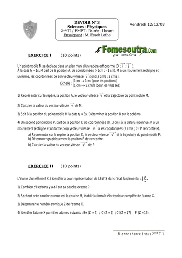 Devoir (4) de Physique-Chimie 2nde C - EMPT Bingerville