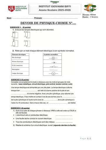 DEVOIR DE PHYSQUE CHIMIE N°1 6ième (ELECTRICITE) INSTITUT GIOVANNI BIFFI Octobre 2025 by TEHUA