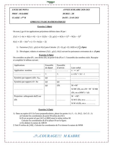 DEVOIR DE MATHS NIVEAU 4ième N°6 LYCEE DE WONA 2021 BY TEHUA