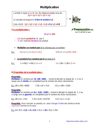 Multiplication - Cours de maths 6eme