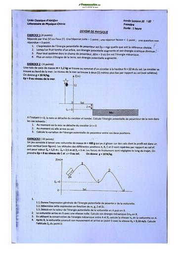 Sujet de Physique-Chimie Première C Lycée Classique Abidjan  2023