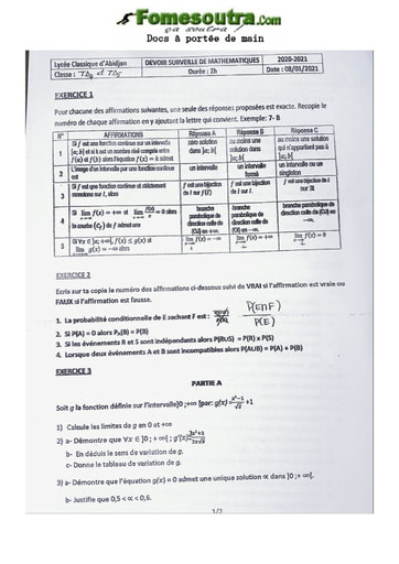 Devoir de Mathématiques Terminale D 2020-2021