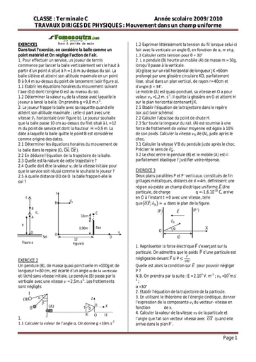 Sujet (4) de Physique portant sur le Mouvement dans un champ uniforme - Terminale C